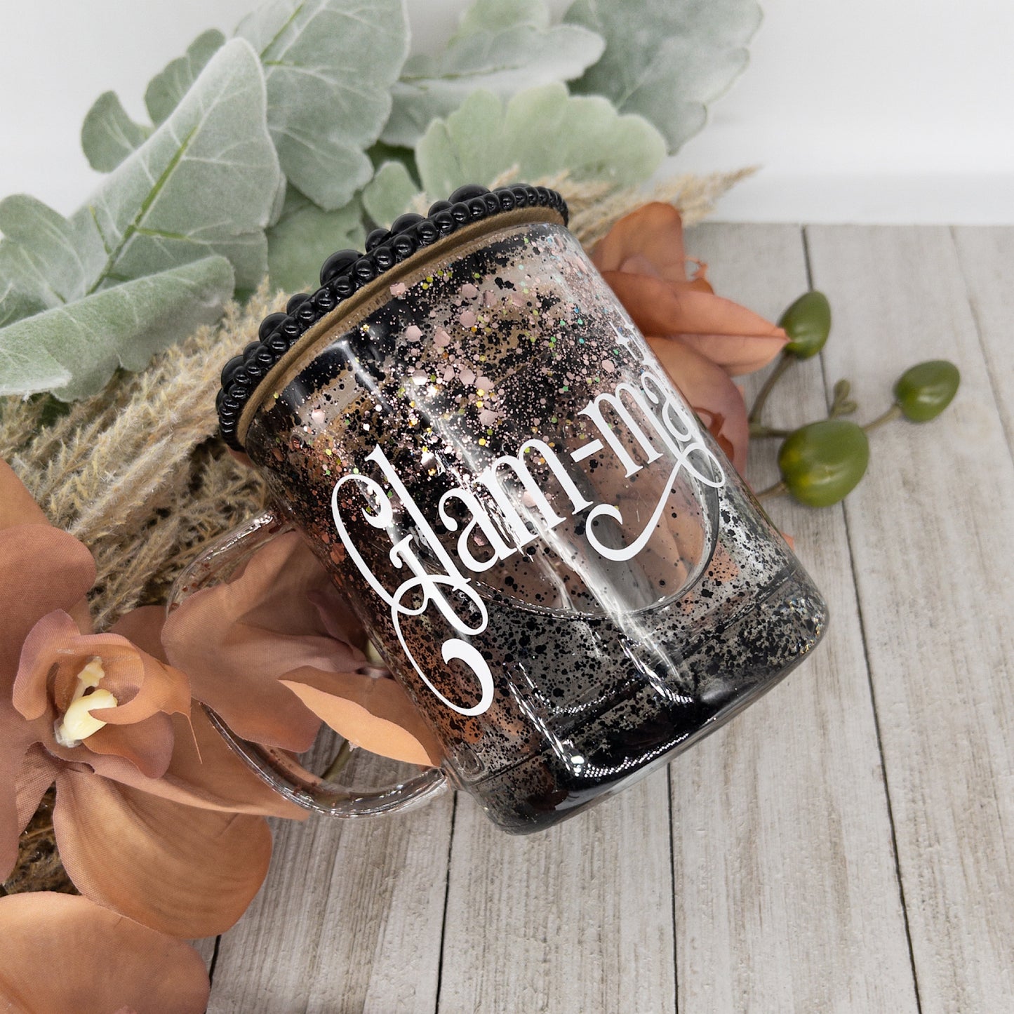 Custom Personalized Black Rose Gold Glitter Glass Mug with Pearl Lid and Straw