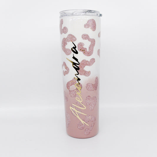 Custom Personalized  Rose Gold Leopard Print Ombre Glitter Tumbler Cup With Lid