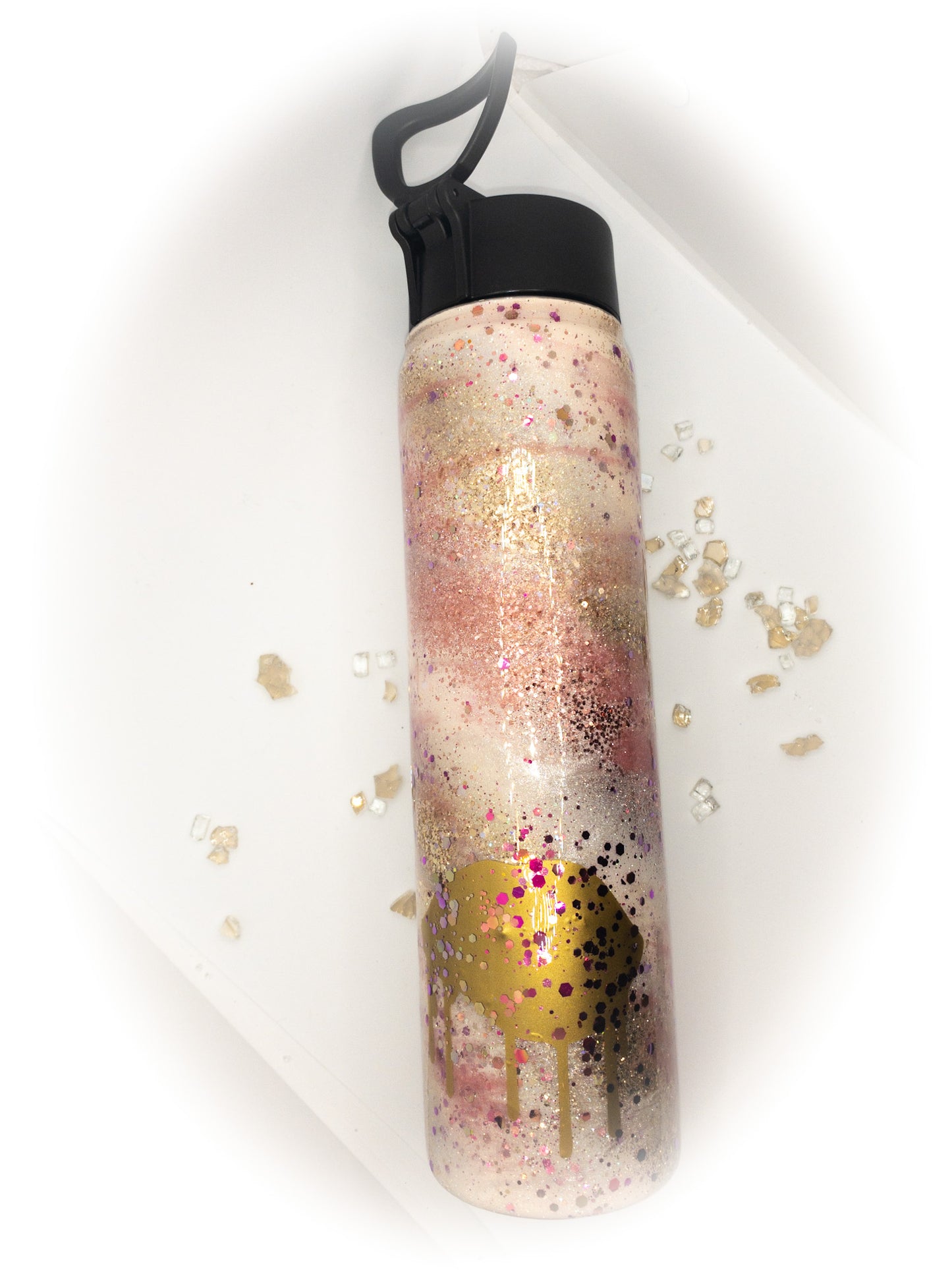 Custom Personalized Pink And Gold Swirl Glitter Water Bottle