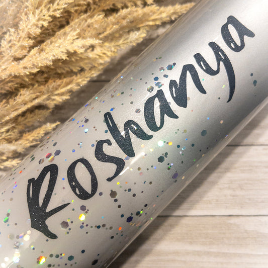 Custom Personalized Silver Grey Glitter Tumbler Cup With Lid and Straw