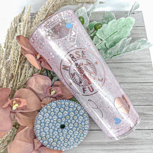 Custom Personalized Nurse Rose Gold Blue Rose Glitter Snow Globe Tumbler Cup With Lid