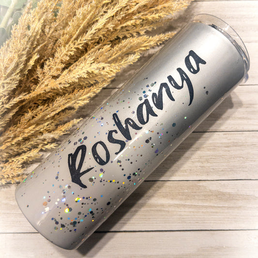 Custom Personalized Silver Grey Glitter Tumbler Cup With Lid and Straw