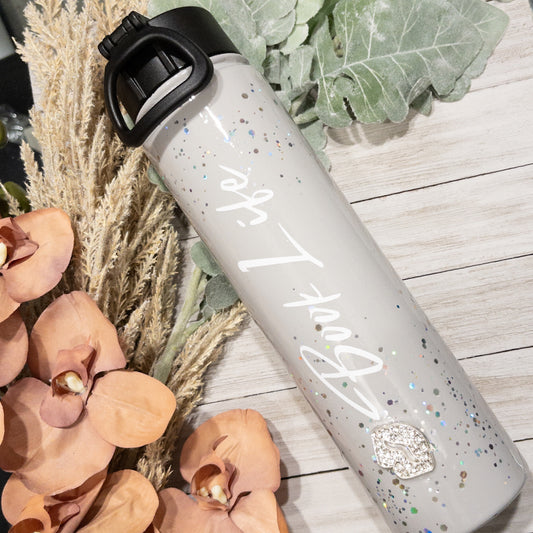 Custom Personalized  Grey Silver Rhinestone  Glitter Water Bottle