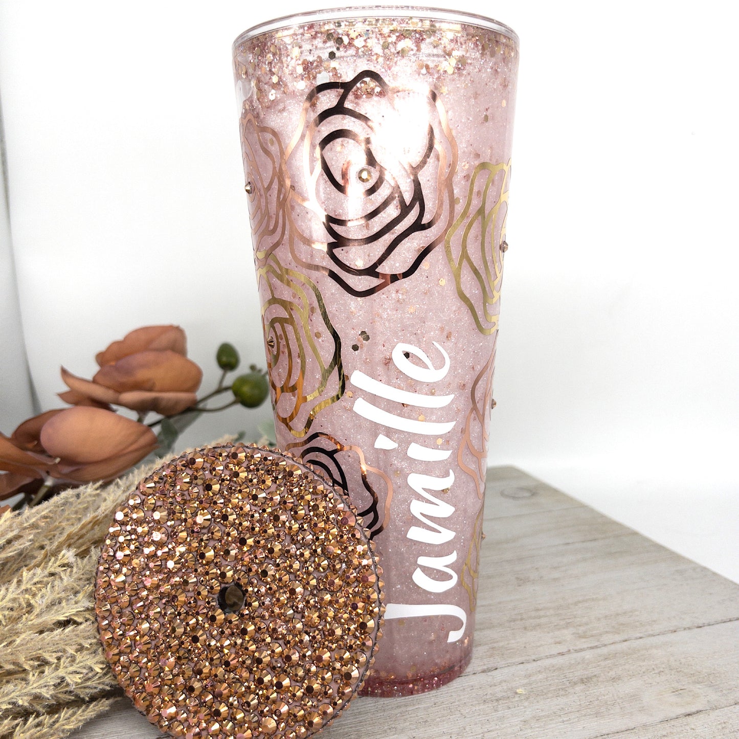 Custom Personalized  Rose Gold Glitter Snow Globe Tumbler Cup With Lid