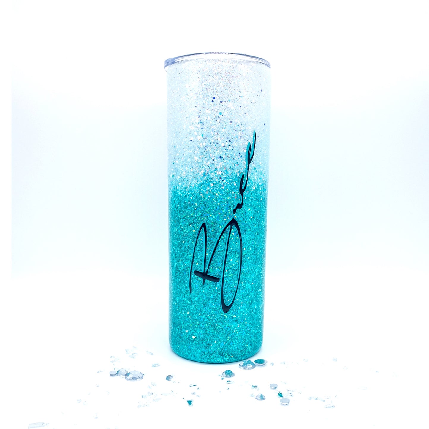 Custom Personalized  Teal White Glitter Tumbler Cup With Lid