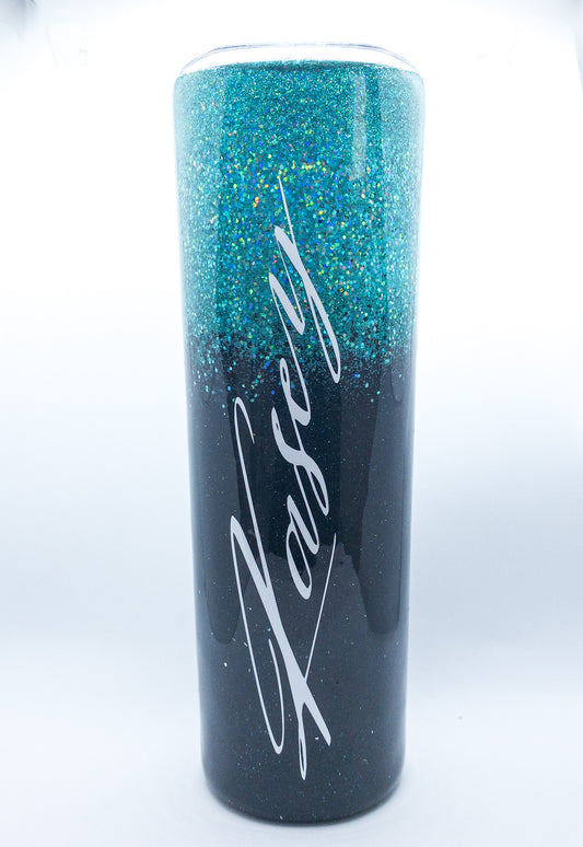 Custom Personalized Black and Teal Ombre Glitter Tumbler Cup With Lid