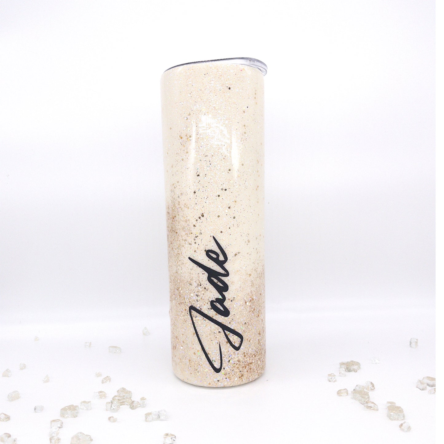 Custom Personalized  Cream and Gold Glitter Tumbler Cup With Lid