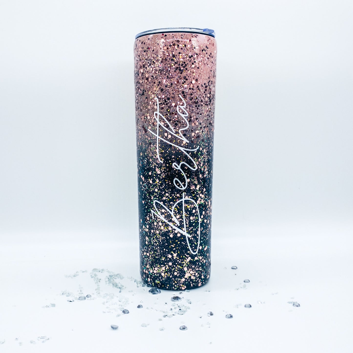 Rose Gold And Black Skinny Stainless Steel “Midnight Sunset” Glitter Tumbler Cup