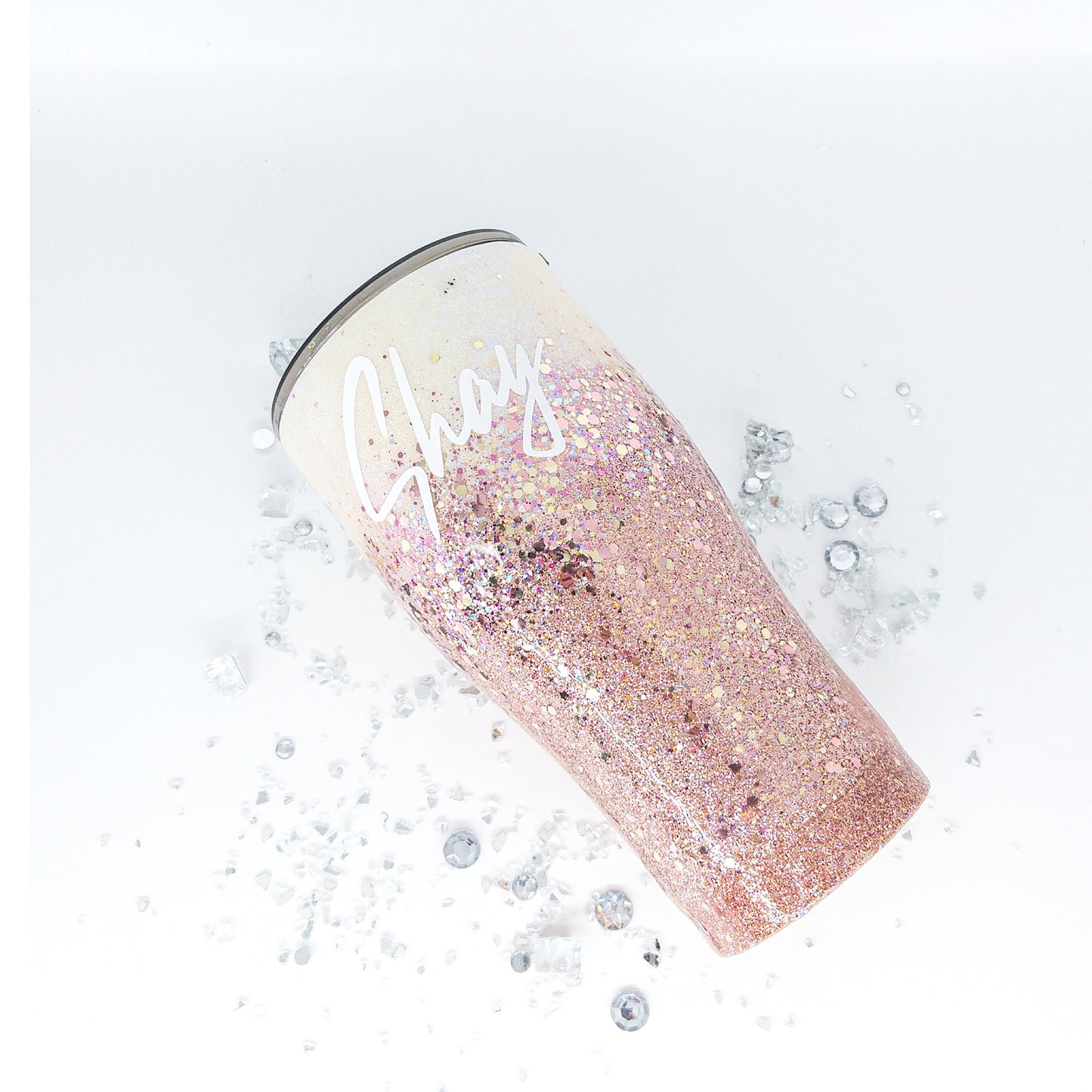 Custom Personalized  Rose Gold Cream Glitter Tumbler Cup With Lid