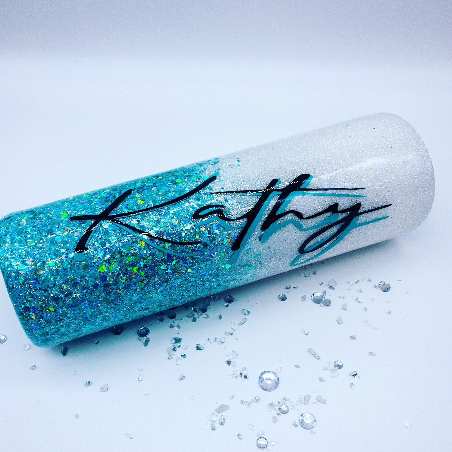 Custom Personalized Teal And White Ombre Glitter Tumbler Cup With Lid