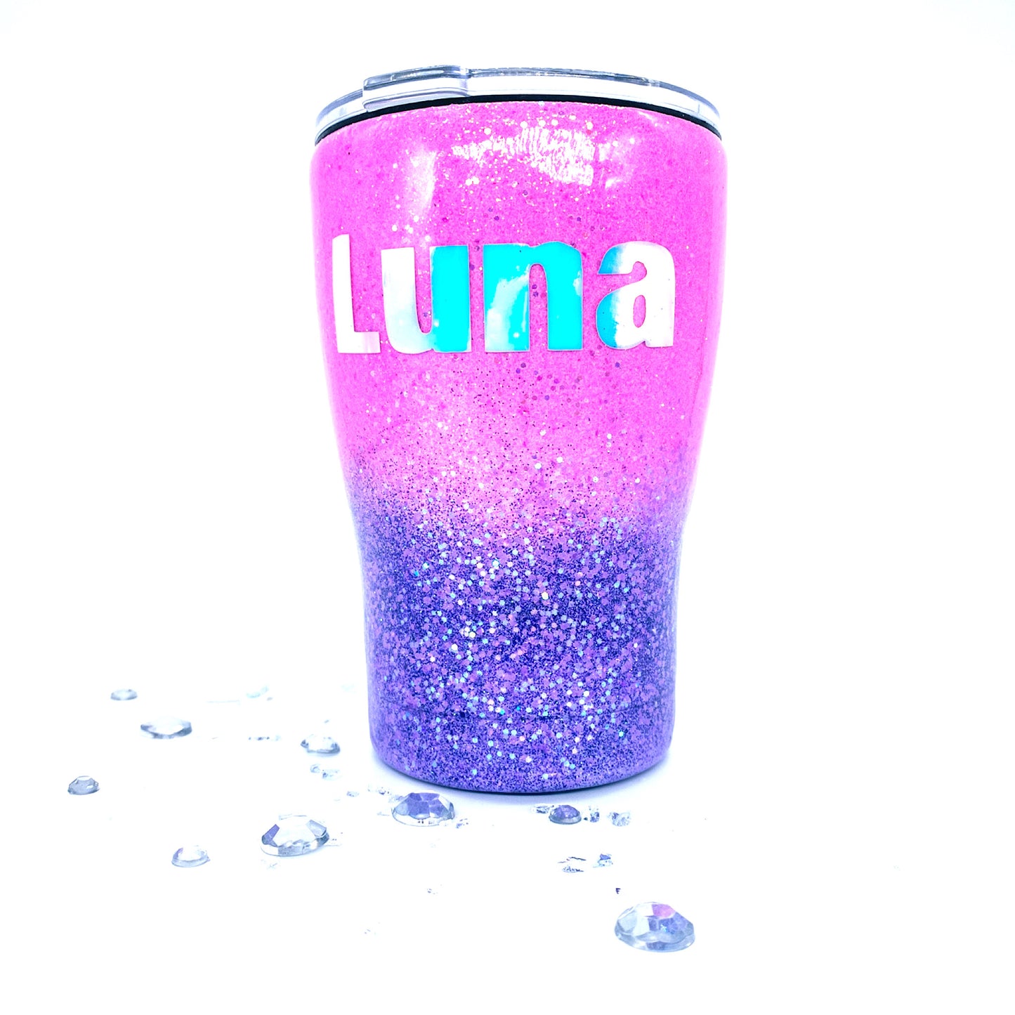 Custom Personalized Hot Pink and Purple Kids Glitter Ombre Tumbler Cup