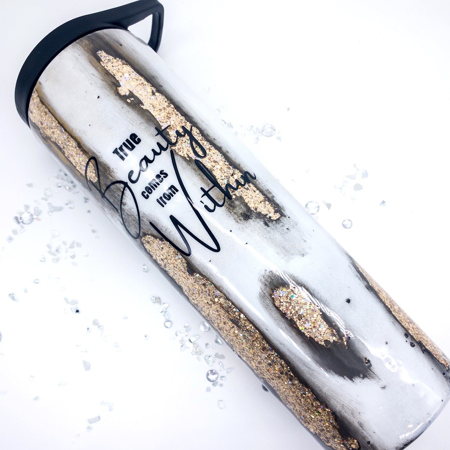 Custom Personalized “Beauty“ Layered  Black, Gold And White  Glitter Tumbler