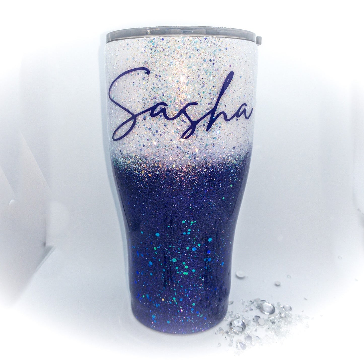 Custom Personalized Purple And White Glitter Ombre Tumbler With Lid And Straw