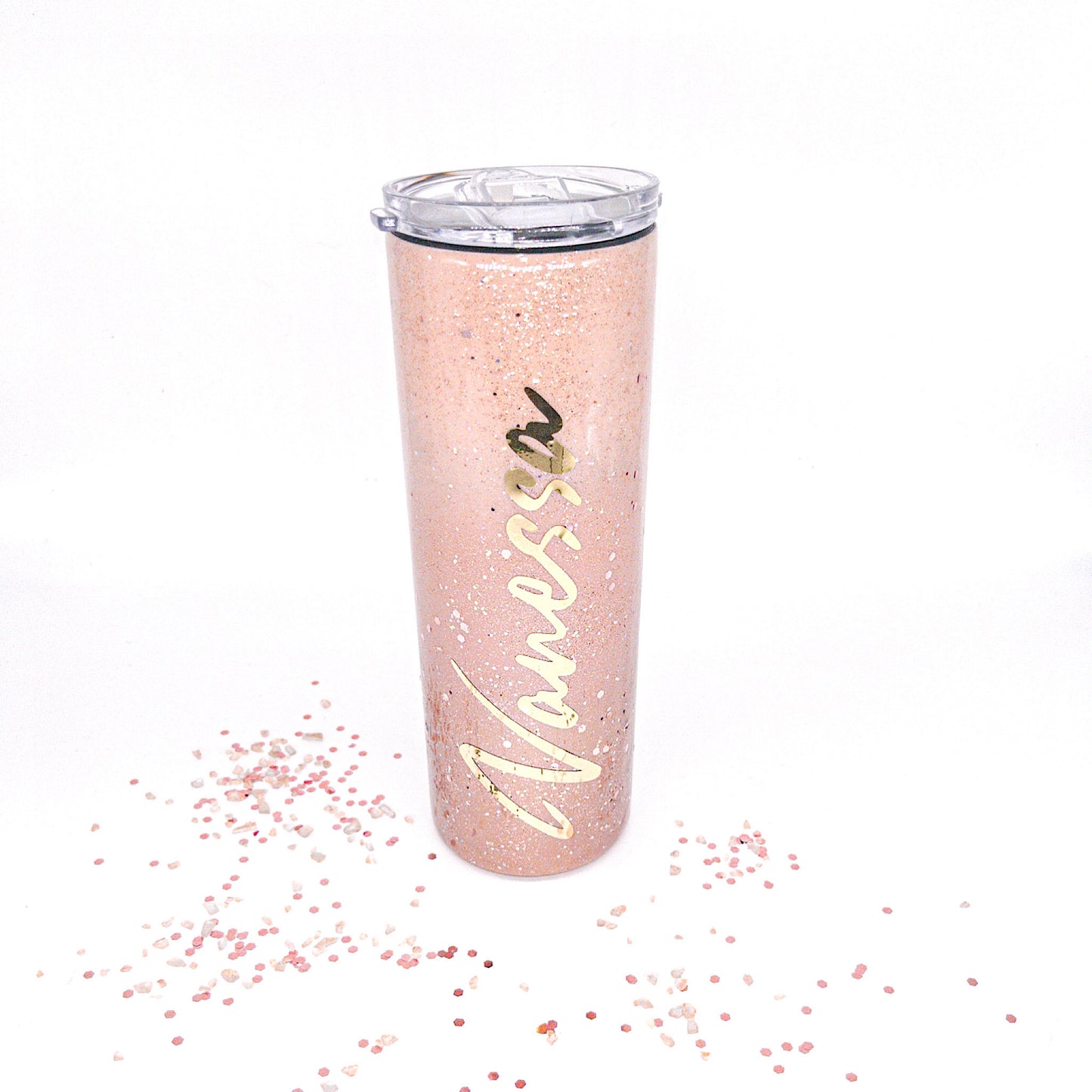 Custom Personalized  Metallic Rose Gold  Glitter Tumbler Cup With Lid