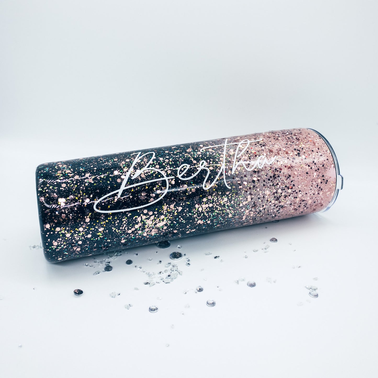 Rose Gold And Black Skinny Stainless Steel “Midnight Sunset” Glitter Tumbler Cup