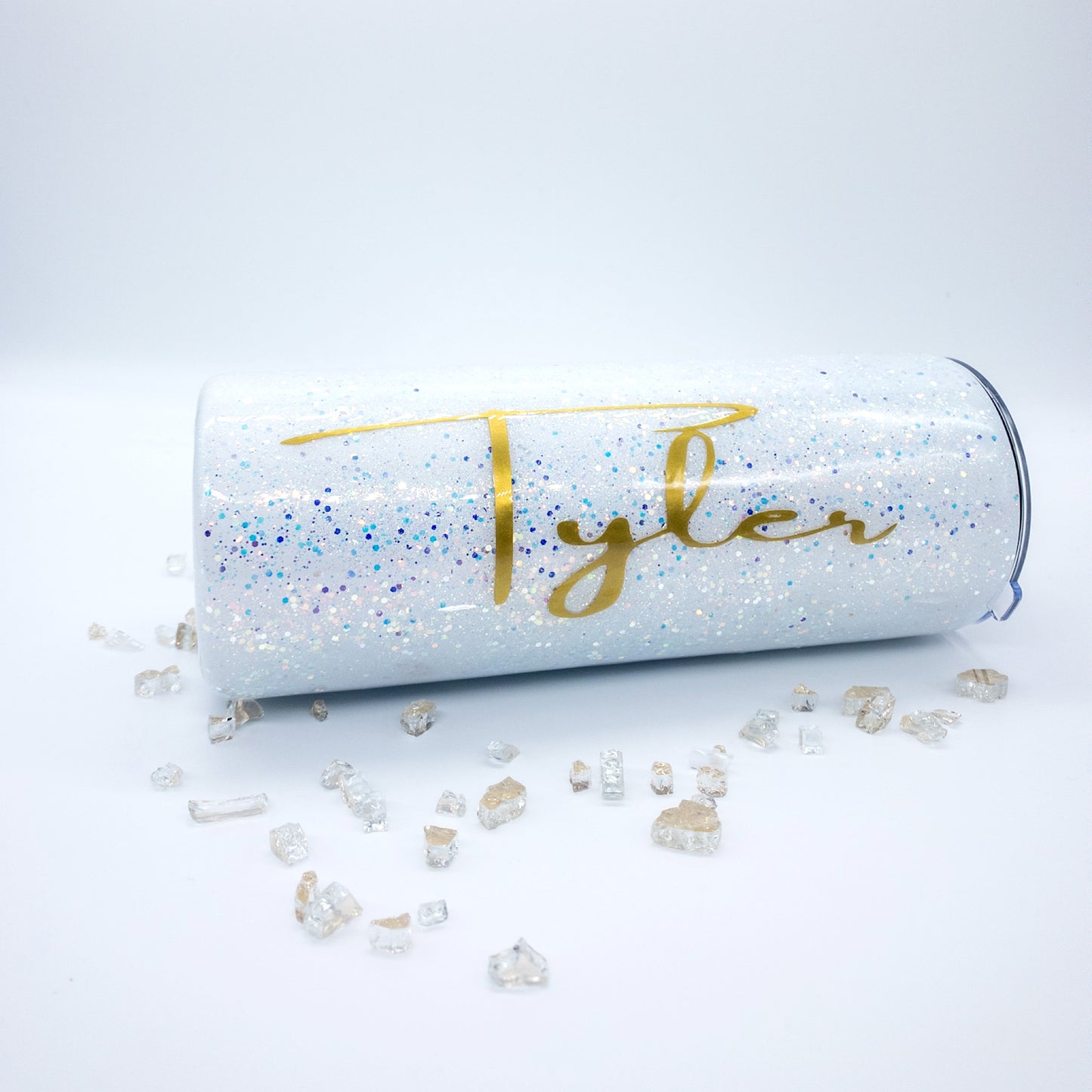 Custom Personalized  Iridescent White Glitter Tumbler With Lid