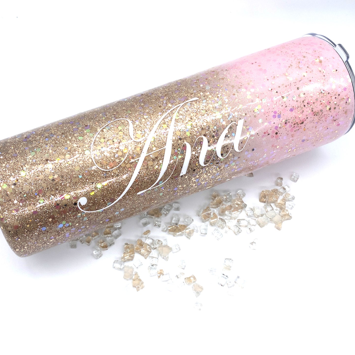 Custom Personalized Pink and Gold Ombre Skinny Glitter Tumbler