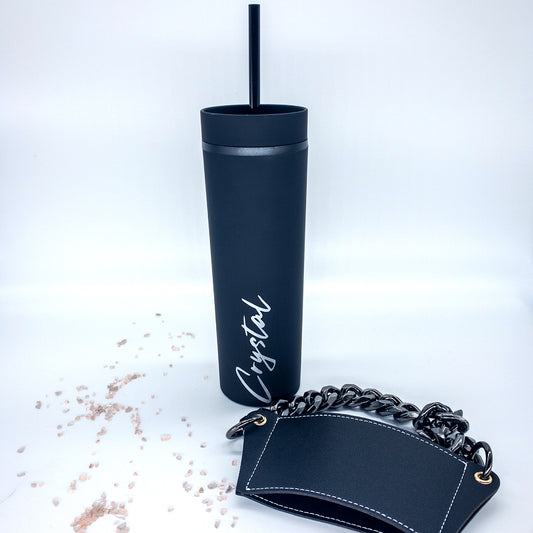 ** COMBO** Personalized Matte Black Acrylic Tumbler AND Reusable Black Cup Sleeve Purse