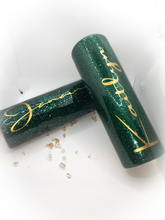 Custom Personalized Dark Hunter Green Glitter Tumbler Cup With Lid