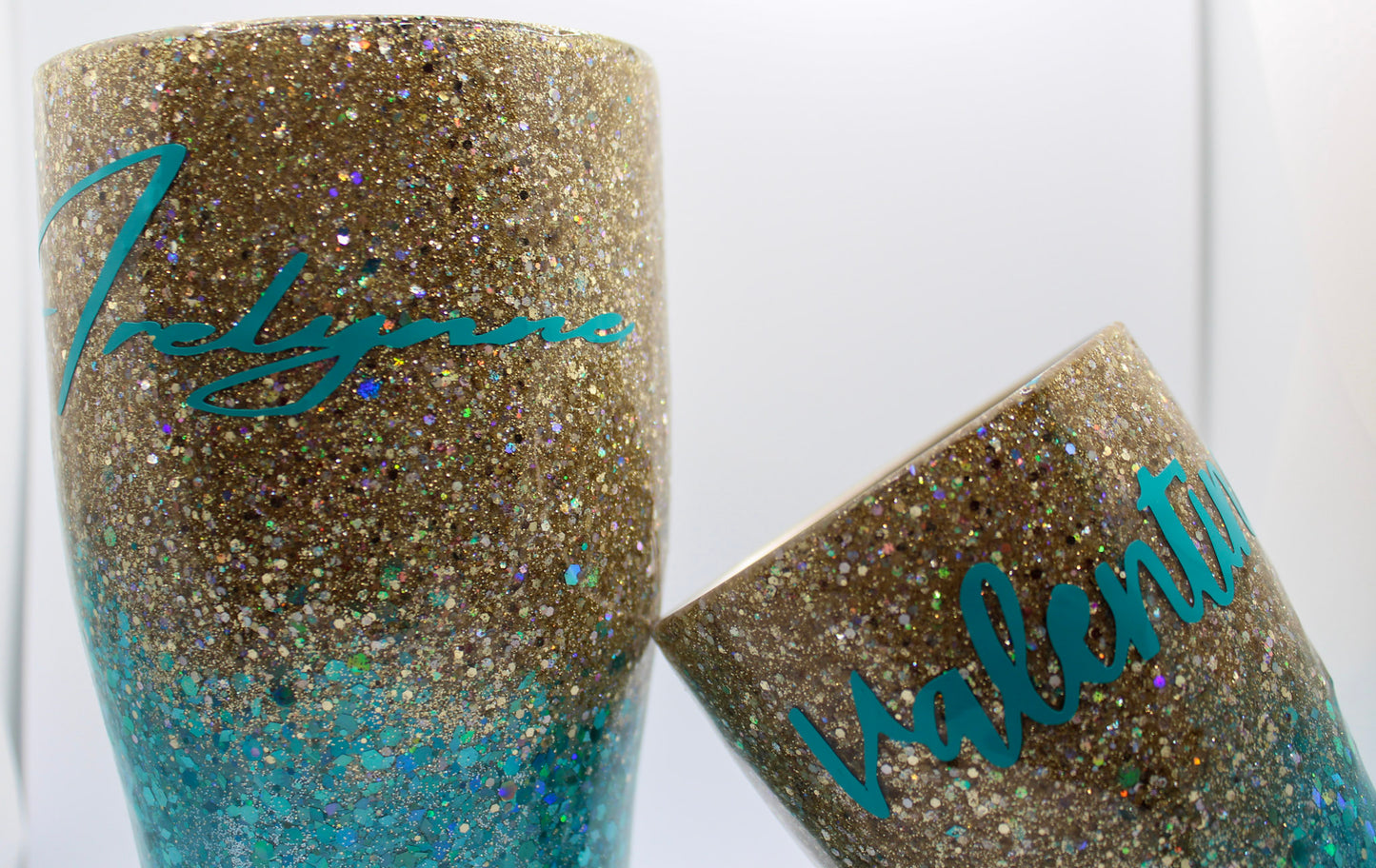 Custom Personalized Teal And Gold Glitter Tumbler Cup