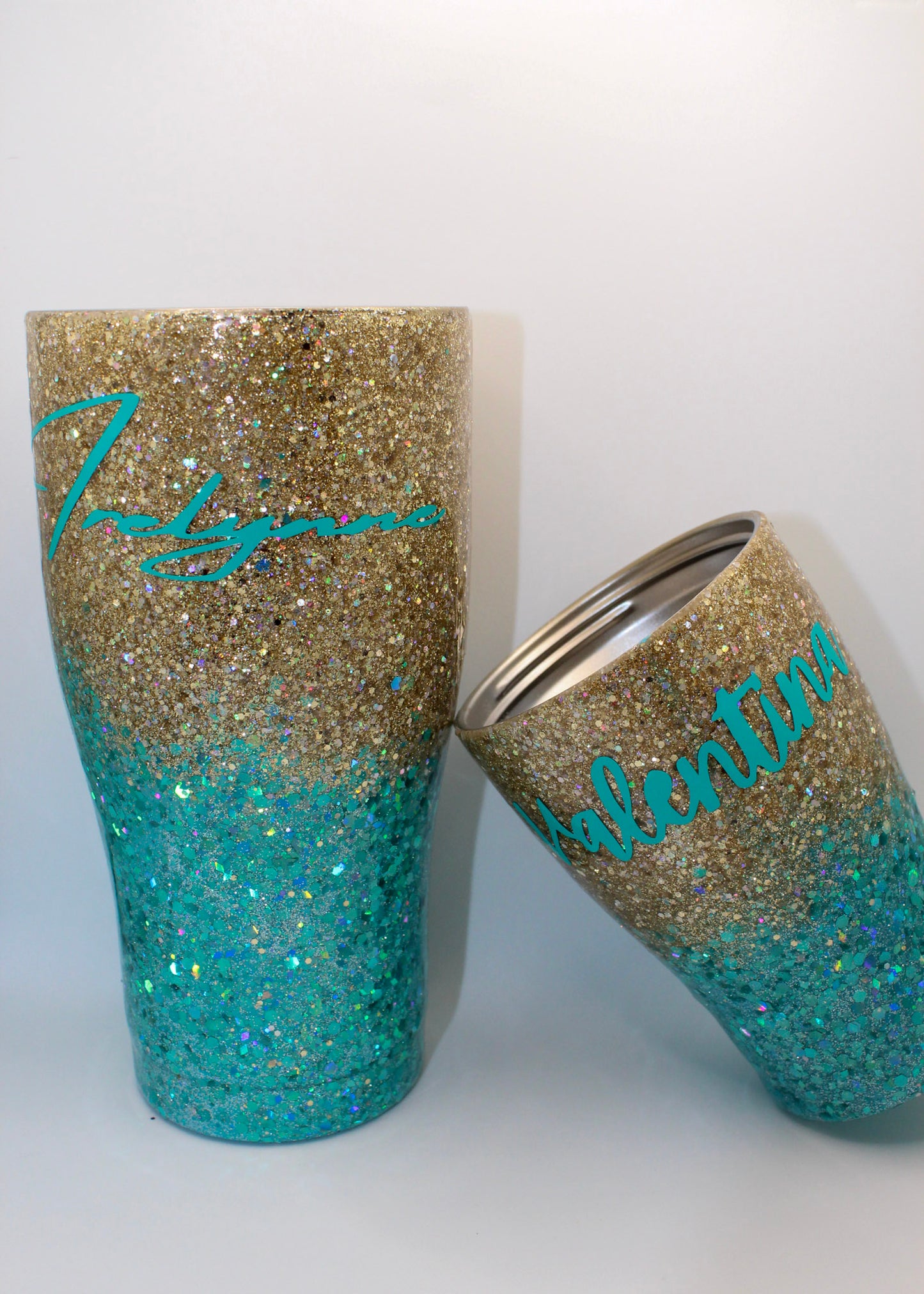 Custom Personalized Teal And Gold Glitter Tumbler Cup