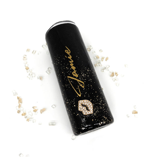 Custom Personalized  Black Gold Rhinestone  Glitter Tumbler Cup With Lid