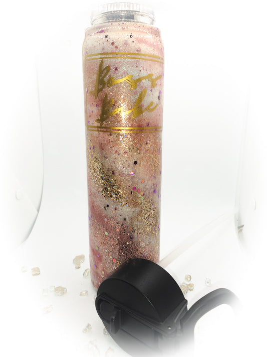 Custom Personalized Pink And Gold Swirl Glitter Water Bottle
