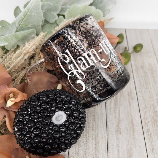 Custom Personalized Black Rose Gold Glitter Glass Mug with Pearl Lid and Straw