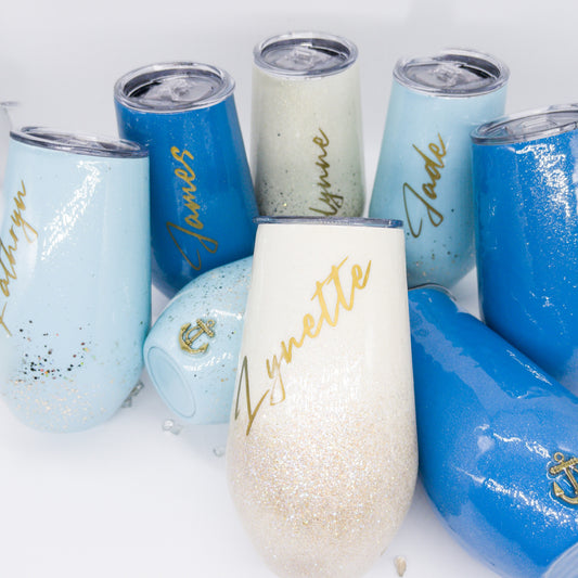 CUSTOM PERSONALIZED STEMLESS WINE GLASS W/ SLIDING LID AND STRAW