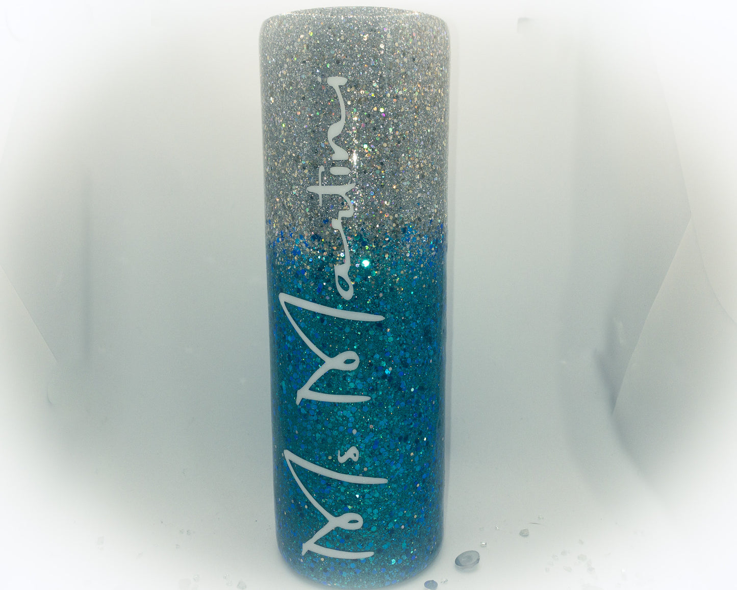 Custom Personalized Silver and Teal Skinny Glitter Ombre Tumbler Cup